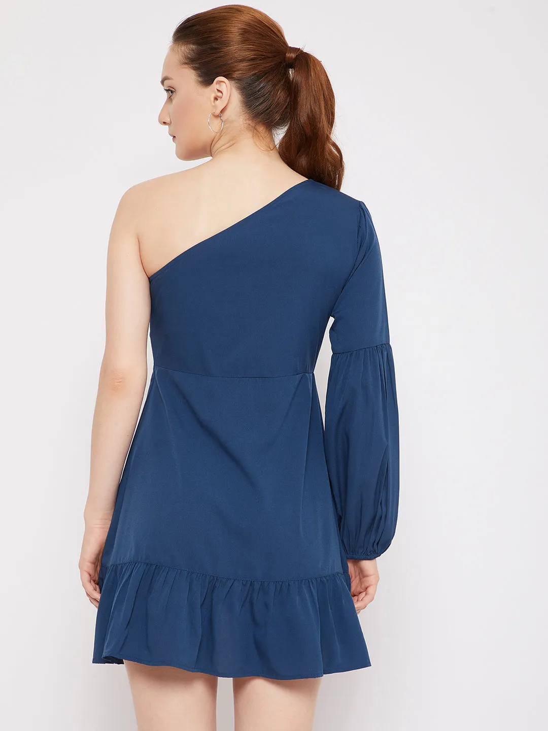 Berrylush Women Solid Blue One-Shoulder Neck Tulip Hem Fit & Flare Mini Dress