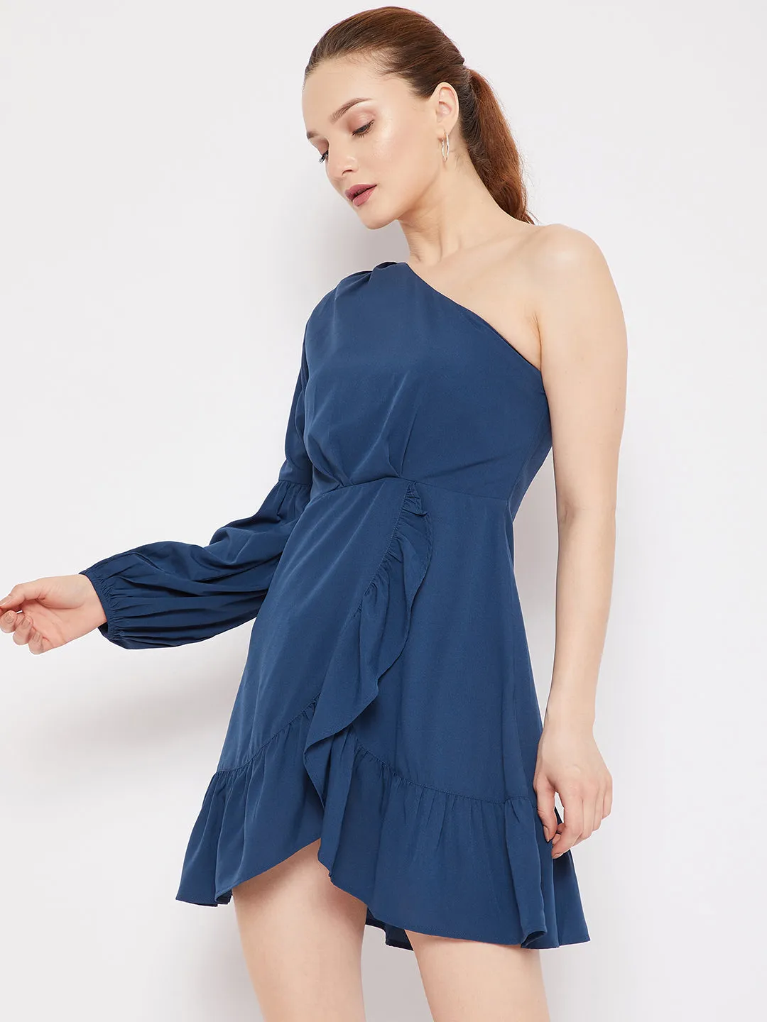 Berrylush Women Solid Blue One-Shoulder Neck Tulip Hem Fit & Flare Mini Dress