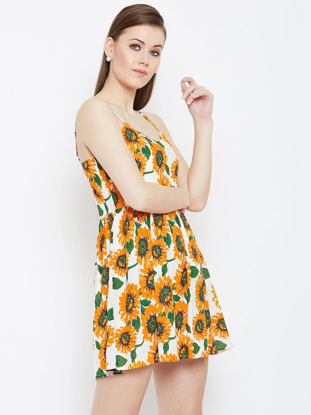 Berrylush Women Yellow & White Sunflower Printed Round Neck Flared Fit & Flare Mini Dress