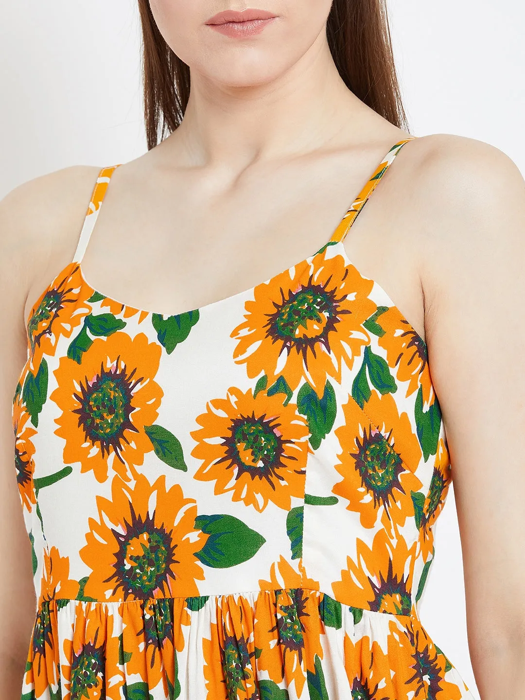 Berrylush Women Yellow & White Sunflower Printed Round Neck Flared Fit & Flare Mini Dress