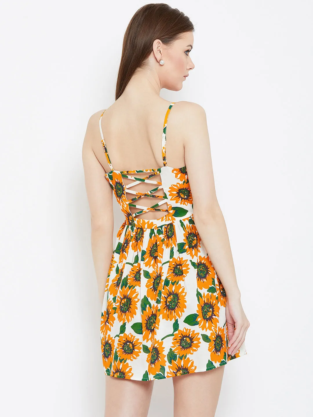 Berrylush Women Yellow & White Sunflower Printed Round Neck Flared Fit & Flare Mini Dress