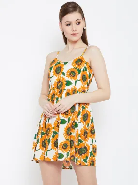 Berrylush Women Yellow & White Sunflower Printed Round Neck Flared Fit & Flare Mini Dress