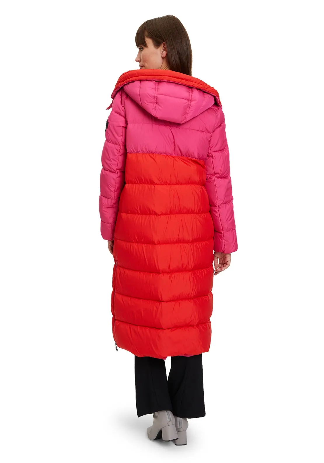 Betty Barclay Colour Block Long Puffer Coat, Pink & Red