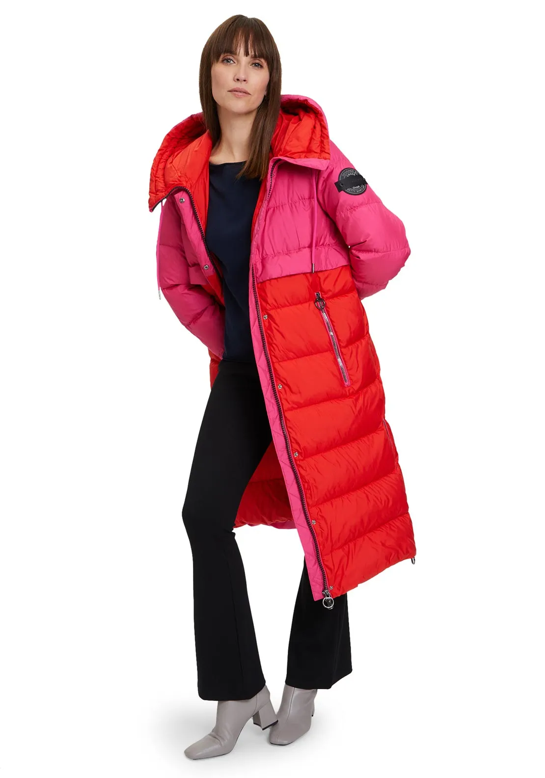 Betty Barclay Colour Block Long Puffer Coat, Pink & Red