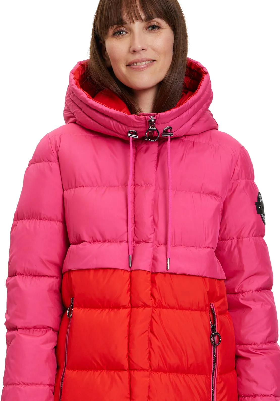 Betty Barclay Colour Block Long Puffer Coat, Pink & Red