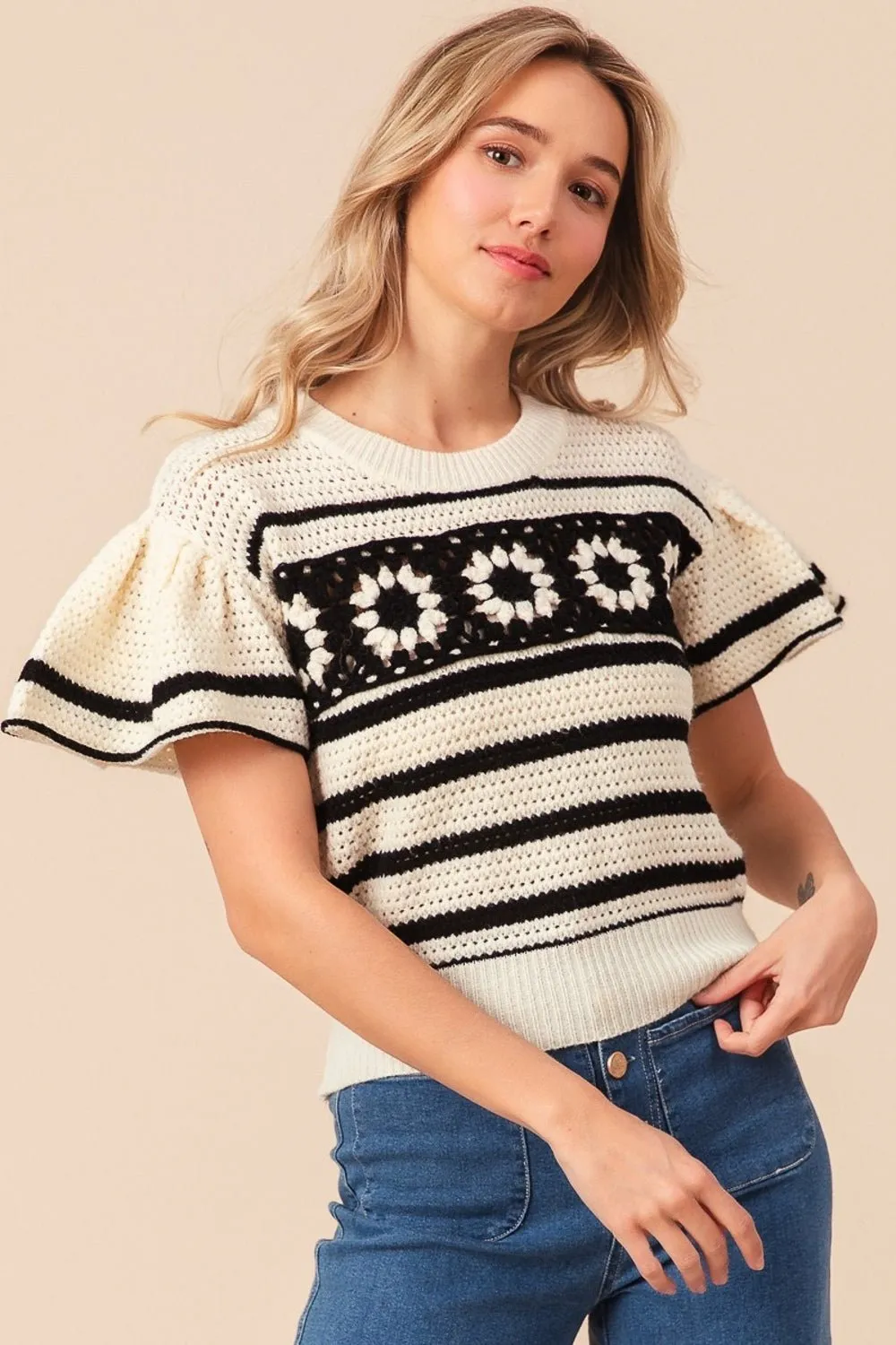 BiBi Granny Square Short Sleeve Striped Sweater