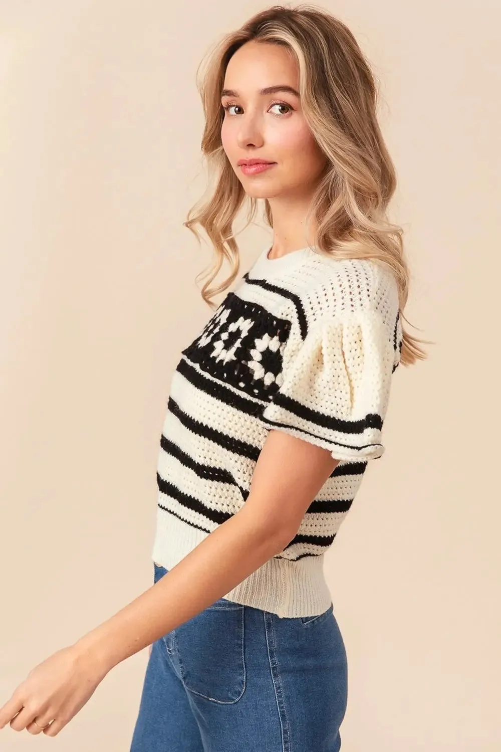 BiBi Granny Square Short Sleeve Striped Sweater