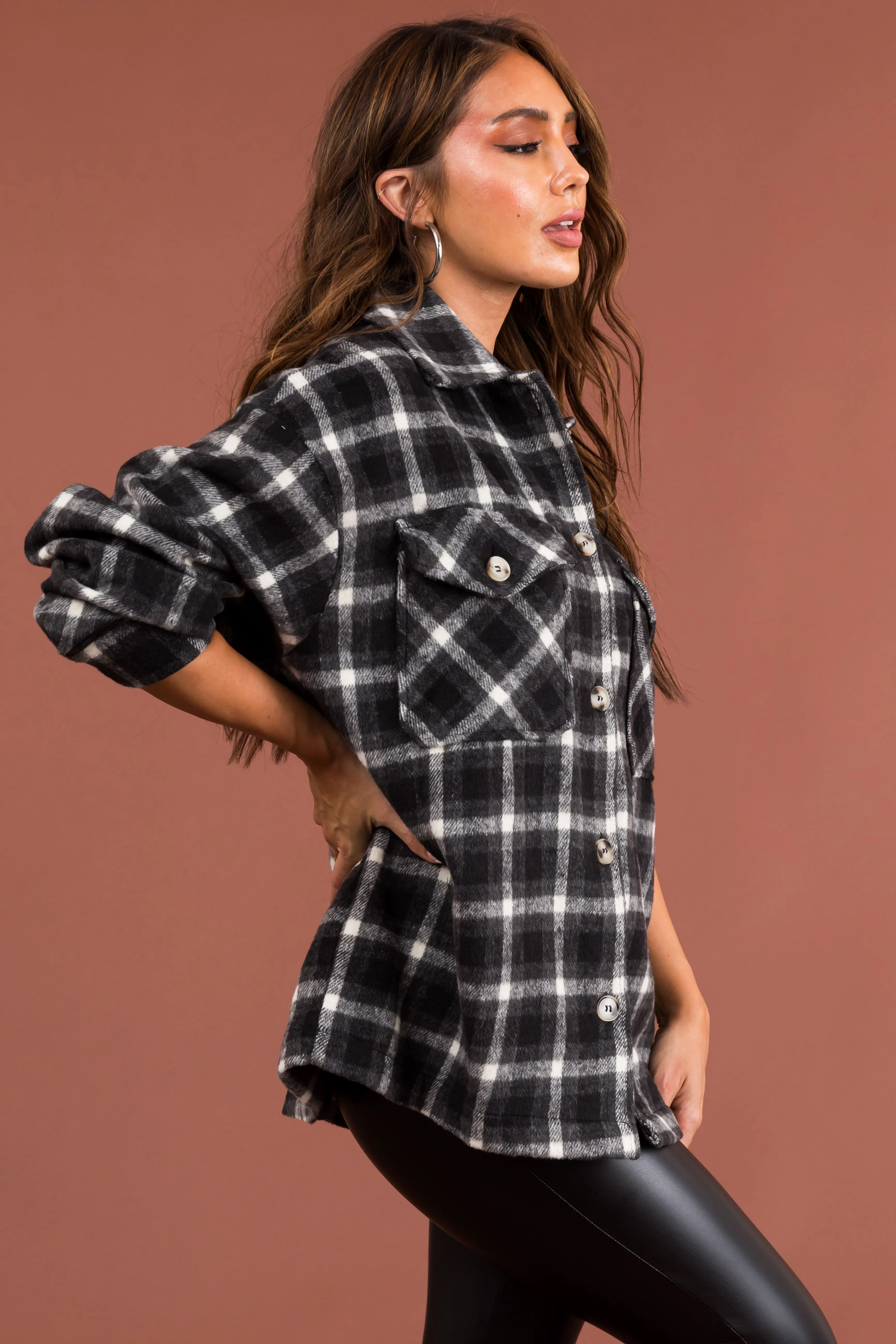 Black and Off White Plaid Button Up Shacket