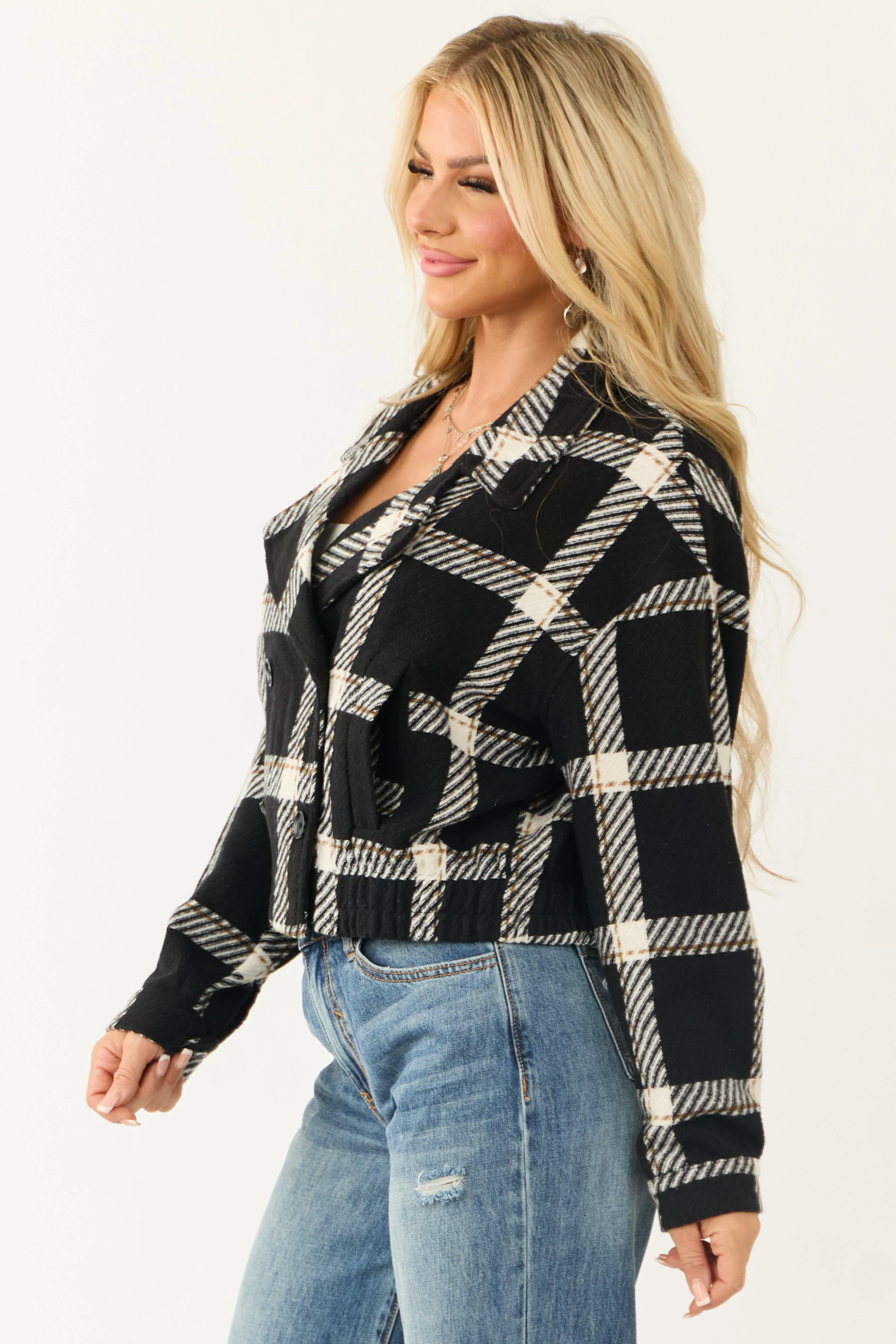 Black Plaid Double Breasted Button Up Jacket