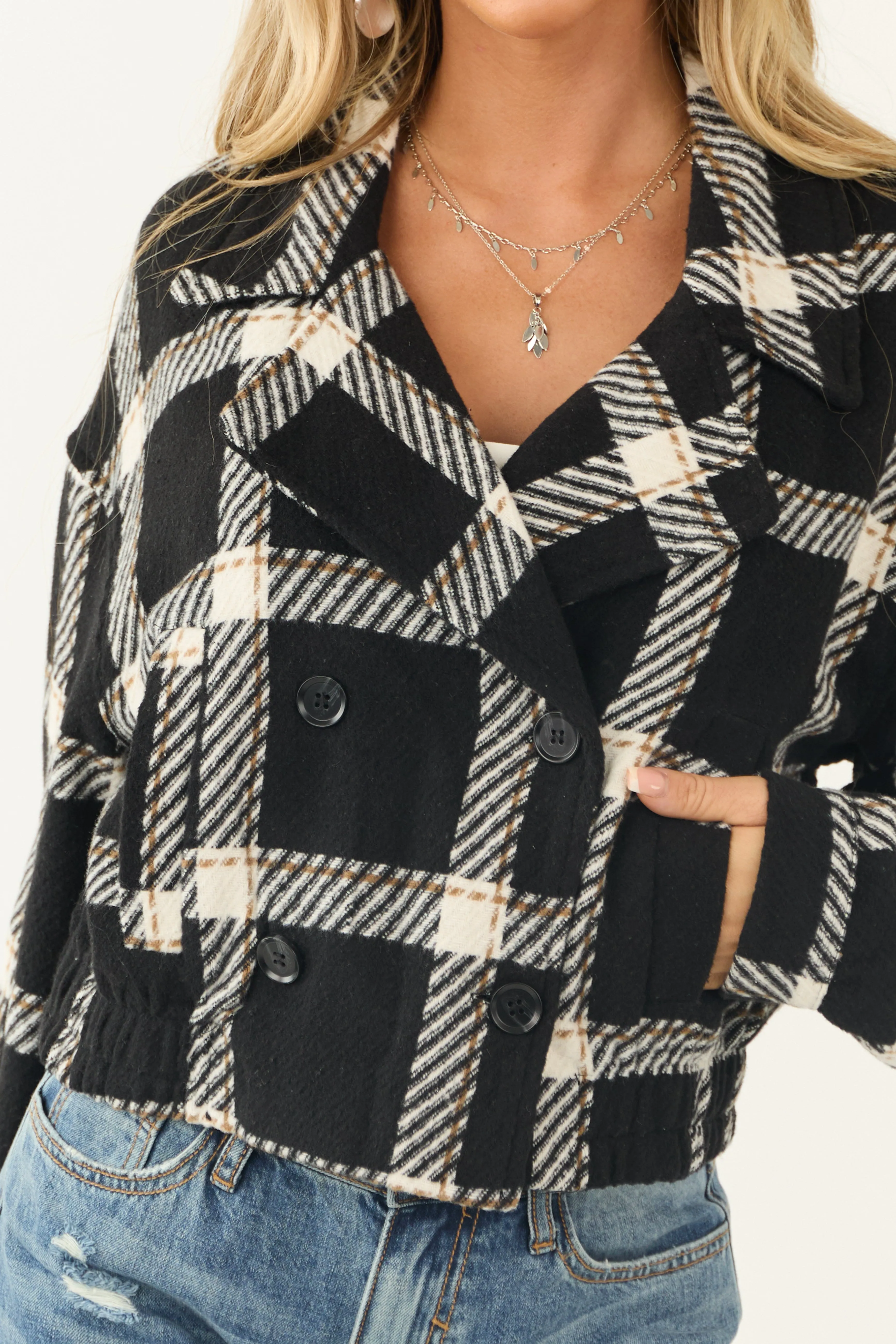 Black Plaid Double Breasted Button Up Jacket