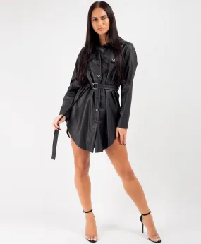 Black PU PVC Faux Leather Utility Shirt Dress