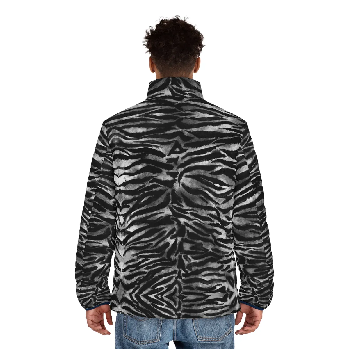 Black Tiger Striped Men's Jacket, Best Animal Print Winter Regular Fit Polyester Men's Puffer Jacket With Stand Up Collar (US Size: S-2XL)