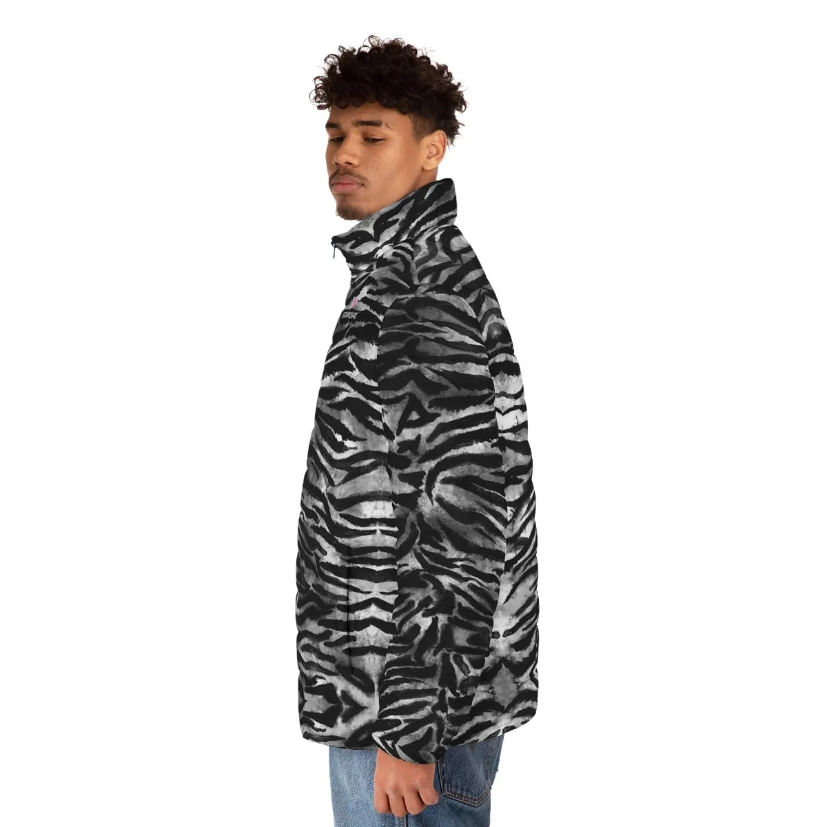 Black Tiger Striped Men's Jacket, Best Animal Print Winter Regular Fit Polyester Men's Puffer Jacket With Stand Up Collar (US Size: S-2XL)