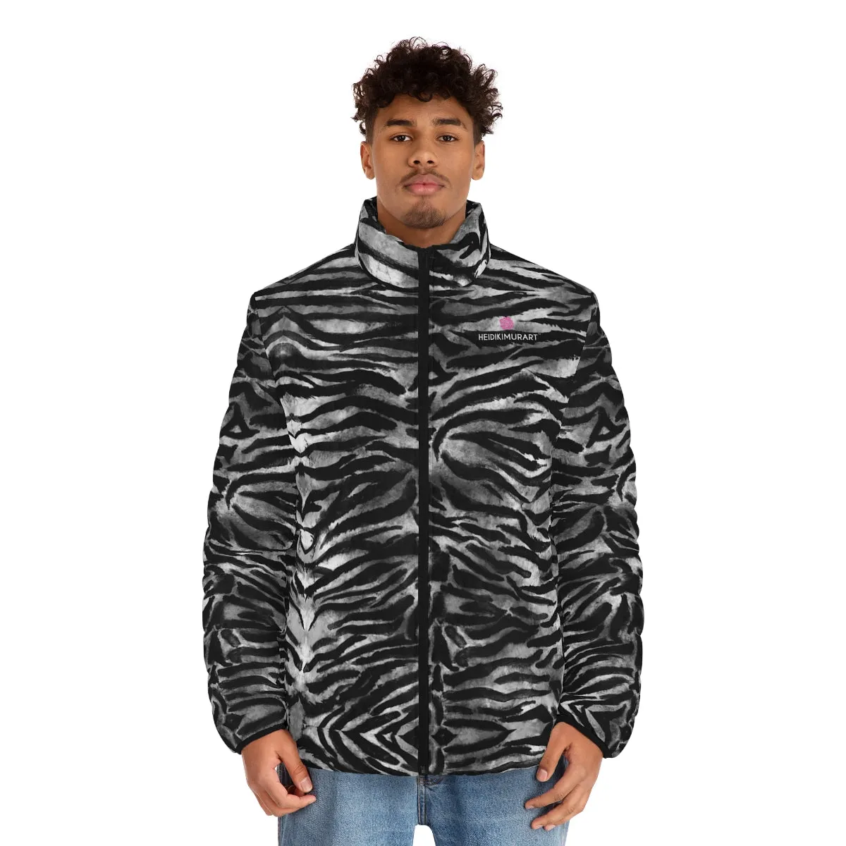 Black Tiger Striped Men's Jacket, Best Animal Print Winter Regular Fit Polyester Men's Puffer Jacket With Stand Up Collar (US Size: S-2XL)