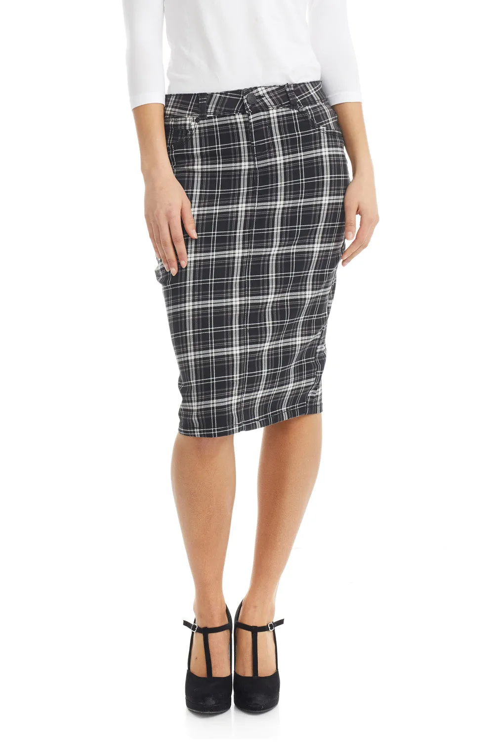 Black/White Plaid Stretchy Jean Pencil Skirt 'Melrose'