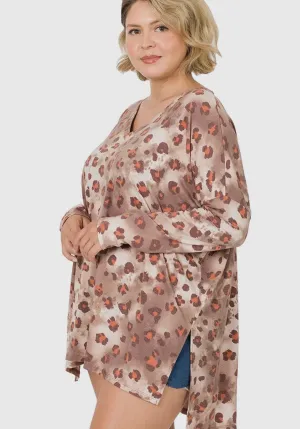 Blouse - Chocolate Leopard Dolman Long Sleeve V-Neck Top, Plus Size