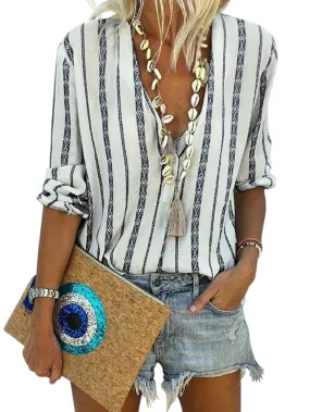 Bohemian Chic Striped V Neck Button Up Top