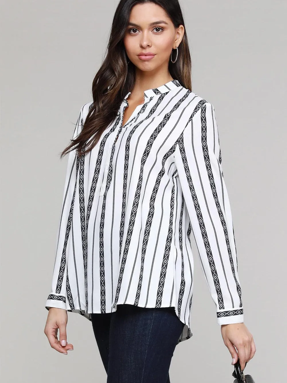 Bohemian Chic Striped V Neck Button Up Top