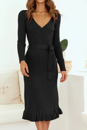 Bohemian Ribbed V-Neck Tie Waist Pencil Dress