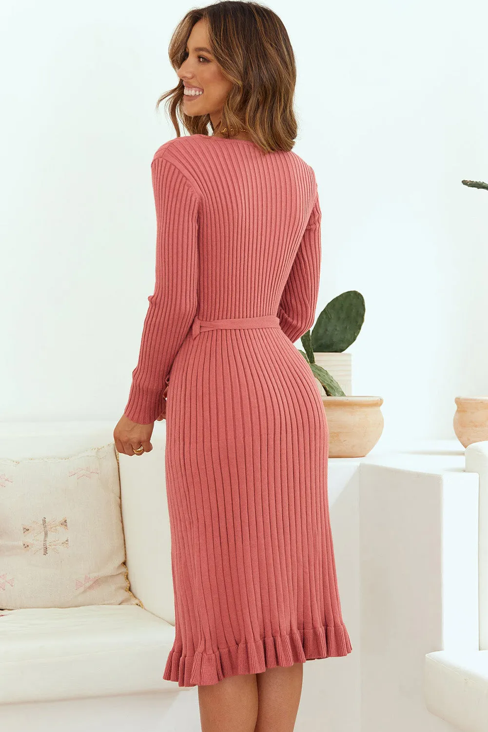 Bohemian Ribbed V-Neck Tie Waist Pencil Dress