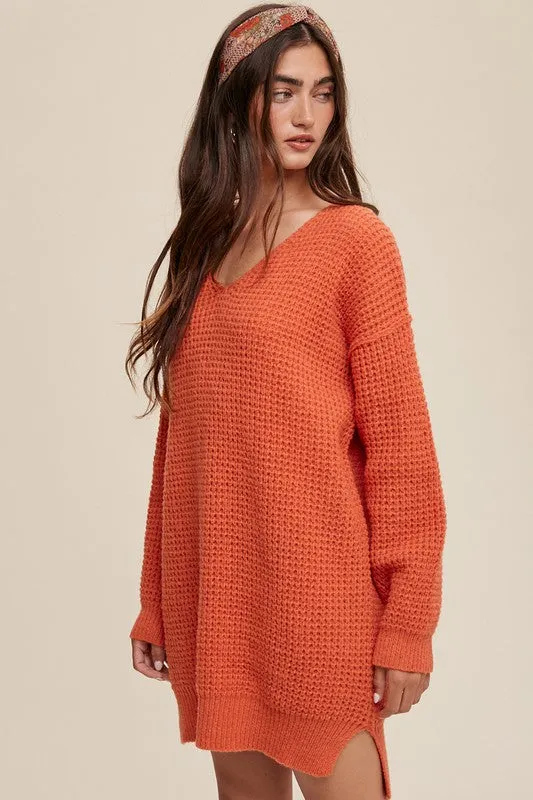 Bohemian Slouchy V-Neck Tunic Ribbed Knit Sweater