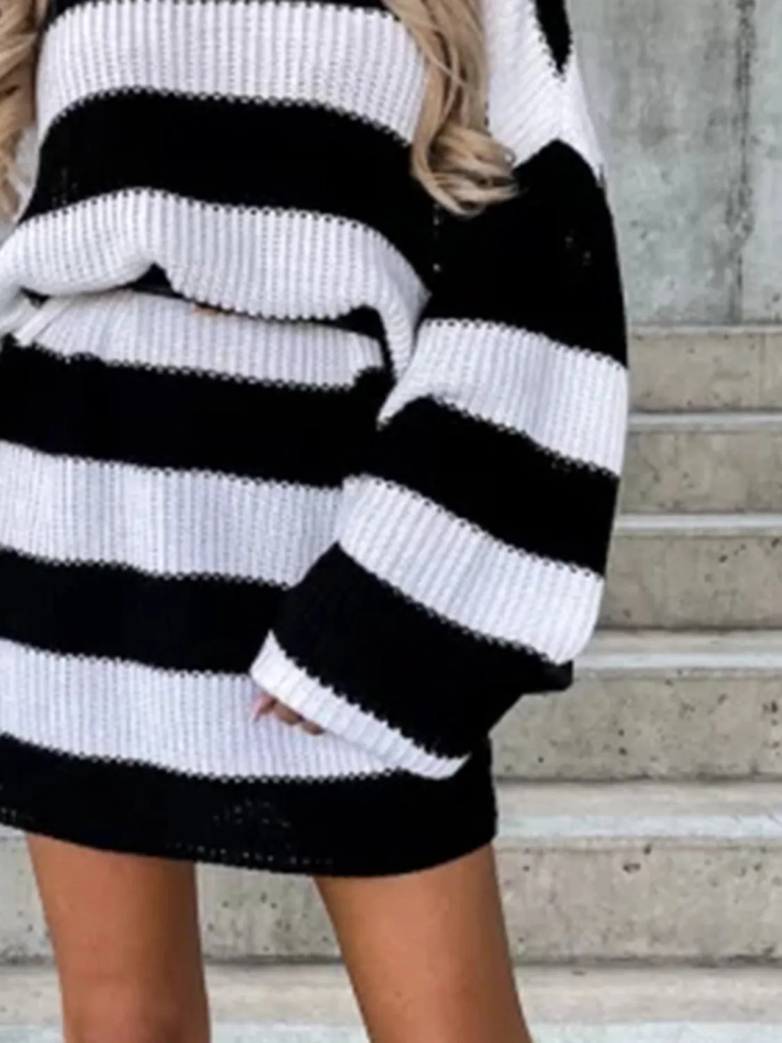 Bohemian Striped Turtleneck Lantern Sleeve Sweater Dress