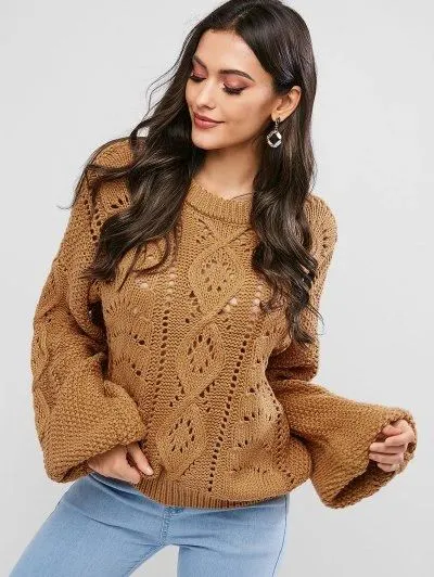 Bohemian Sweater "Allison" Balloon Sleeve Golden Camel Brown Cable Knit Lantern Sleeve Jumper One Size