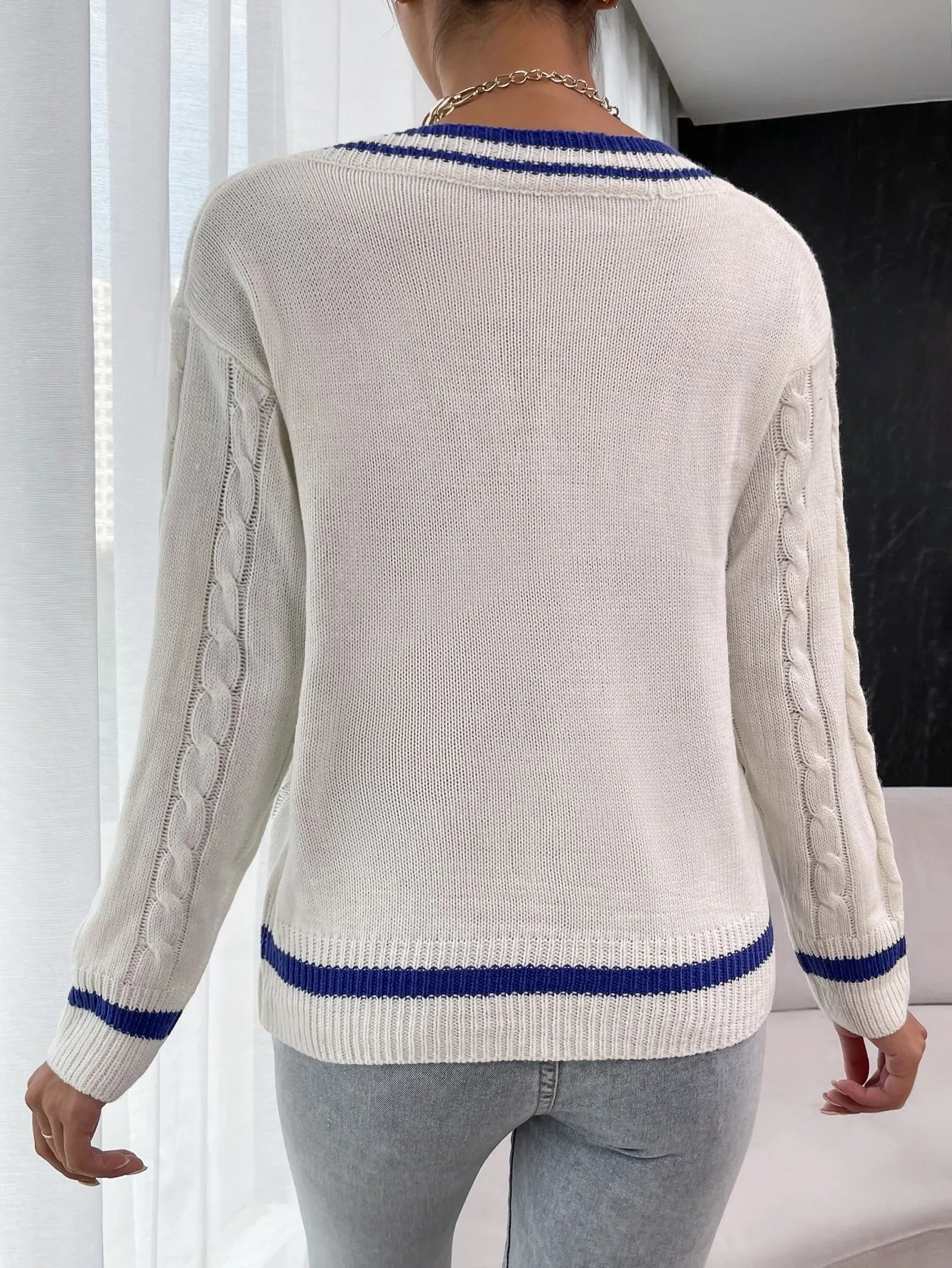 Bohemian Varsity V-Neck Cable-Knit Sweater