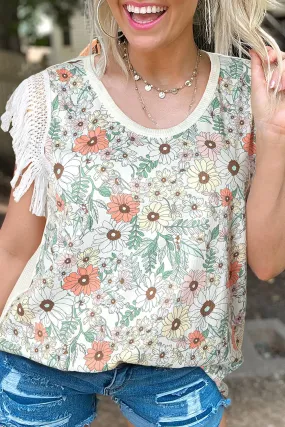 Bohemian White Floral Crochet Top with Fringed Details