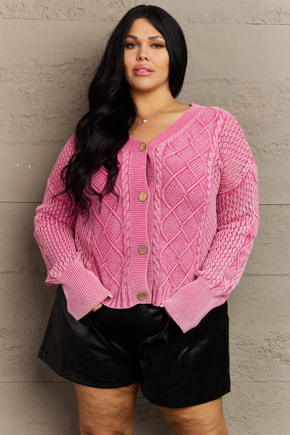 Boho Heyson Brand Soft Focus Wash Cable Knit Cardigan in Fuchsia