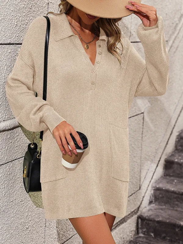 Boho Women's Solid Color Long Sleeve Sweater Dress