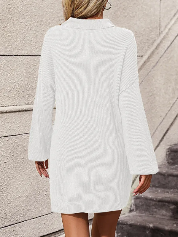 Boho Women's Solid Color Long Sleeve Sweater Dress