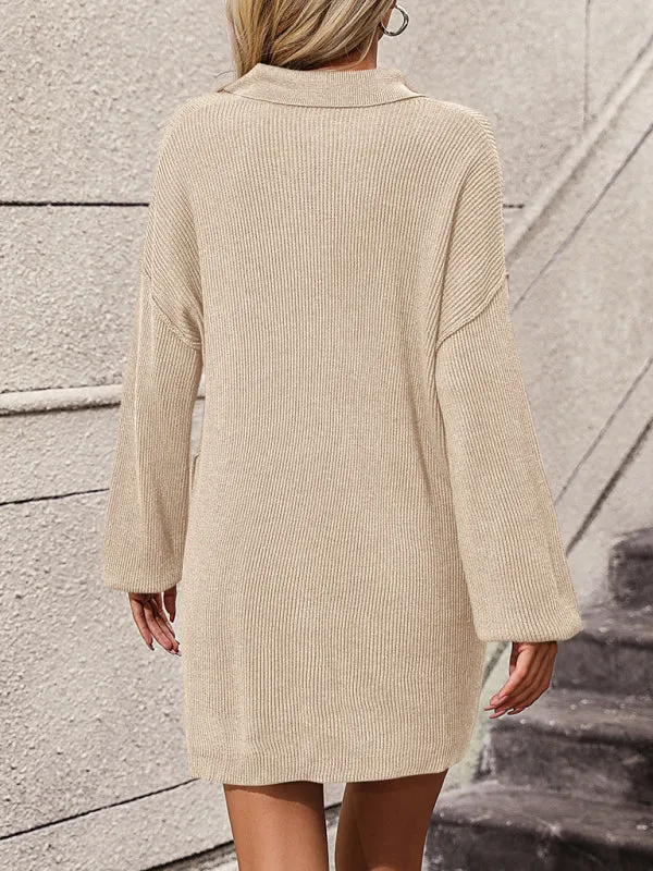 Boho Women's Solid Color Long Sleeve Sweater Dress