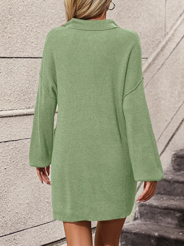 Boho Women's Solid Color Long Sleeve Sweater Dress