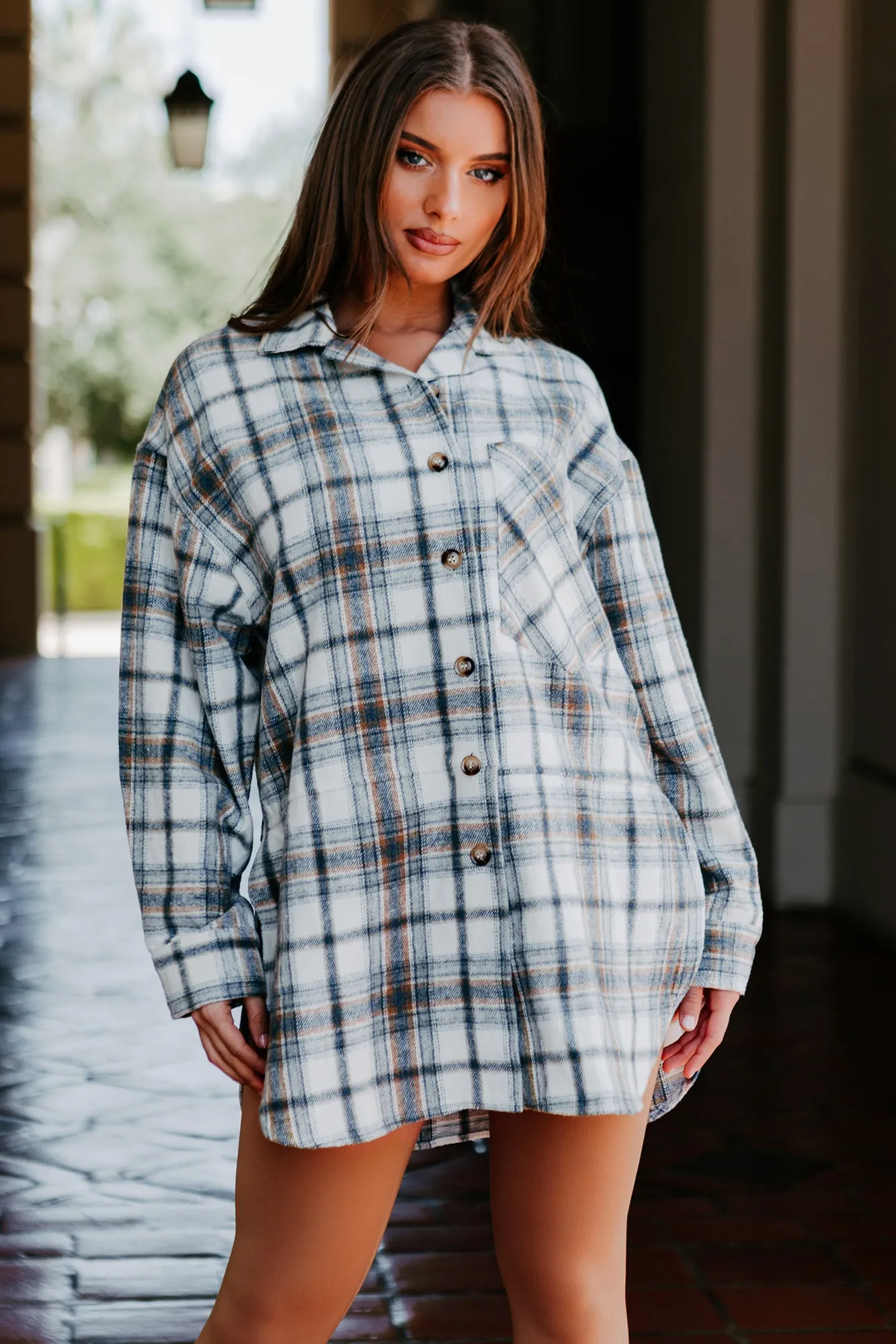 Breakup Bestie Oversized Plaid Shacket (Blue/Tan)