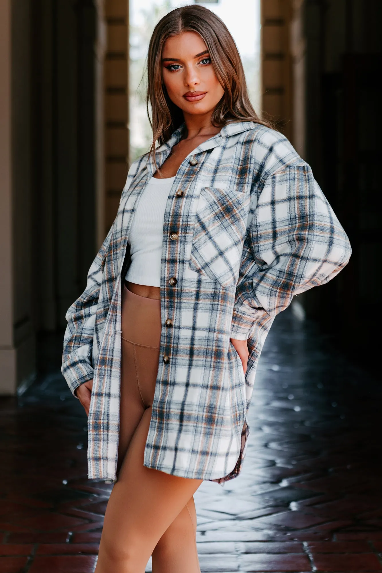 Breakup Bestie Oversized Plaid Shacket (Blue/Tan)