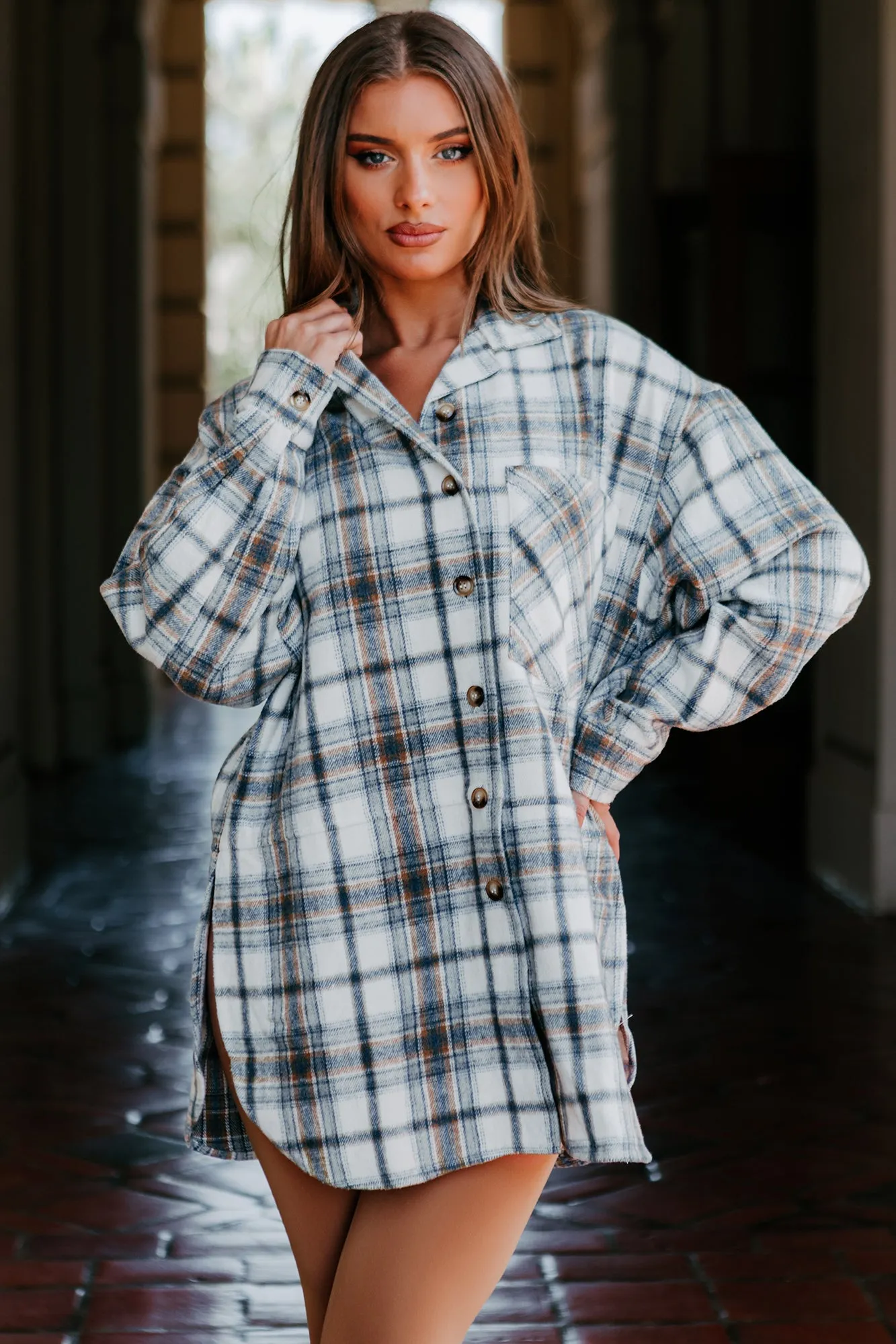 Breakup Bestie Oversized Plaid Shacket (Blue/Tan)