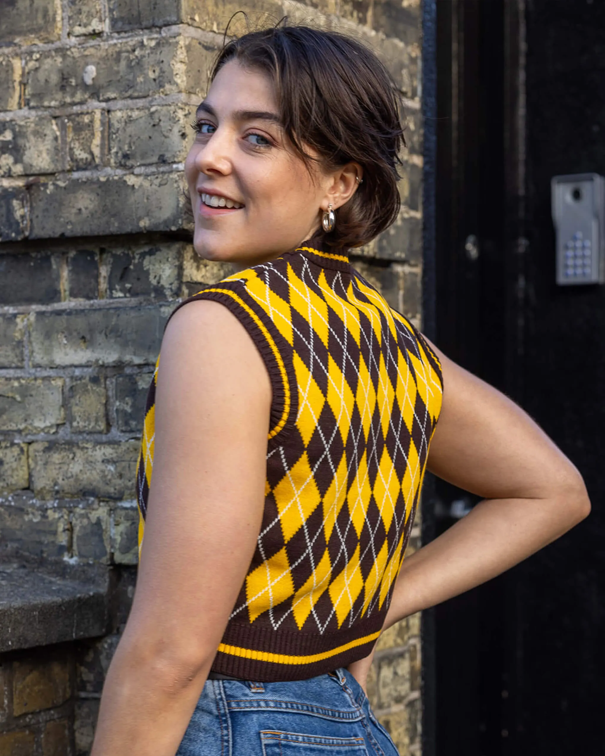 Brown and Yellow Argyle Knitted Tank Top