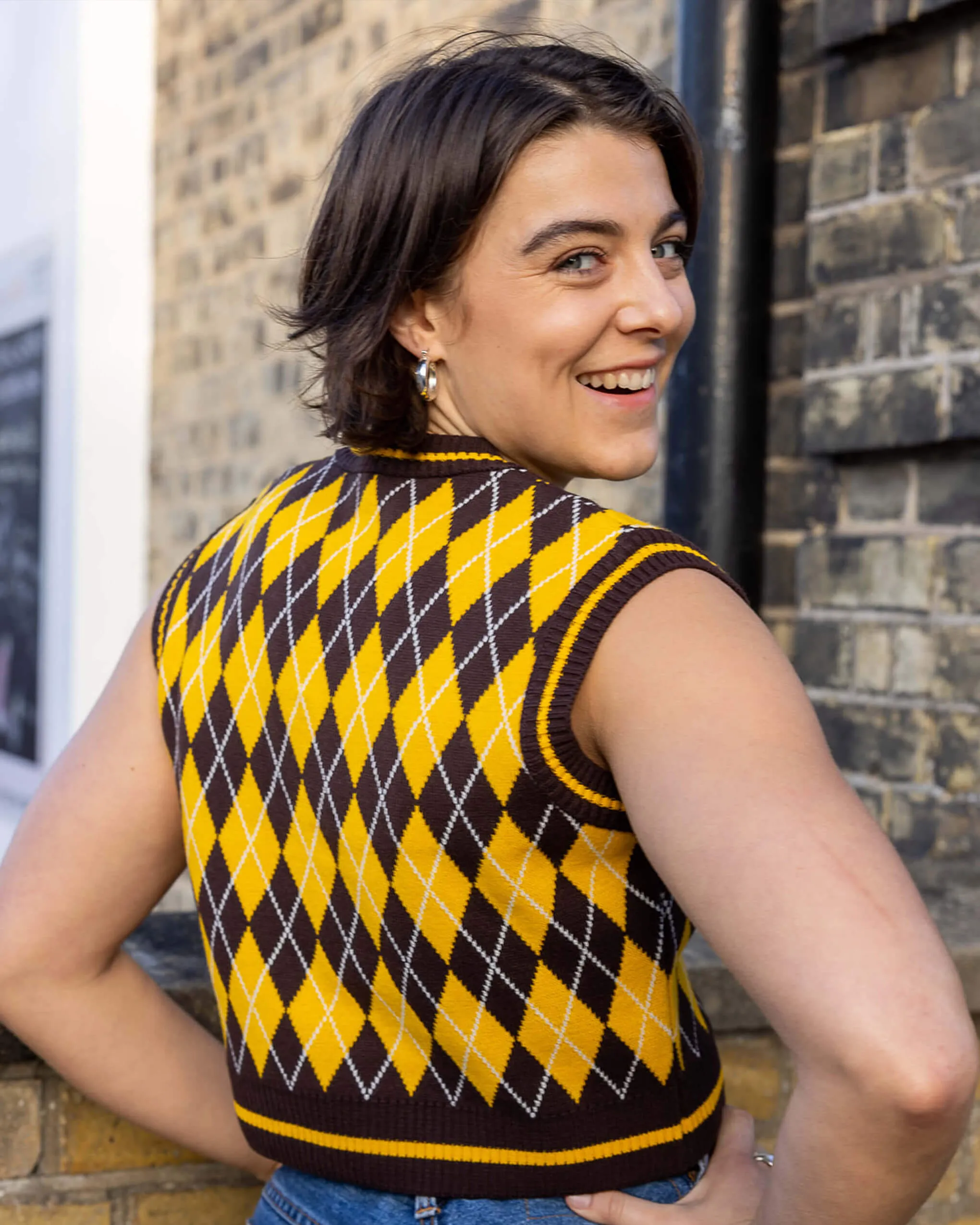 Brown and Yellow Argyle Knitted Tank Top