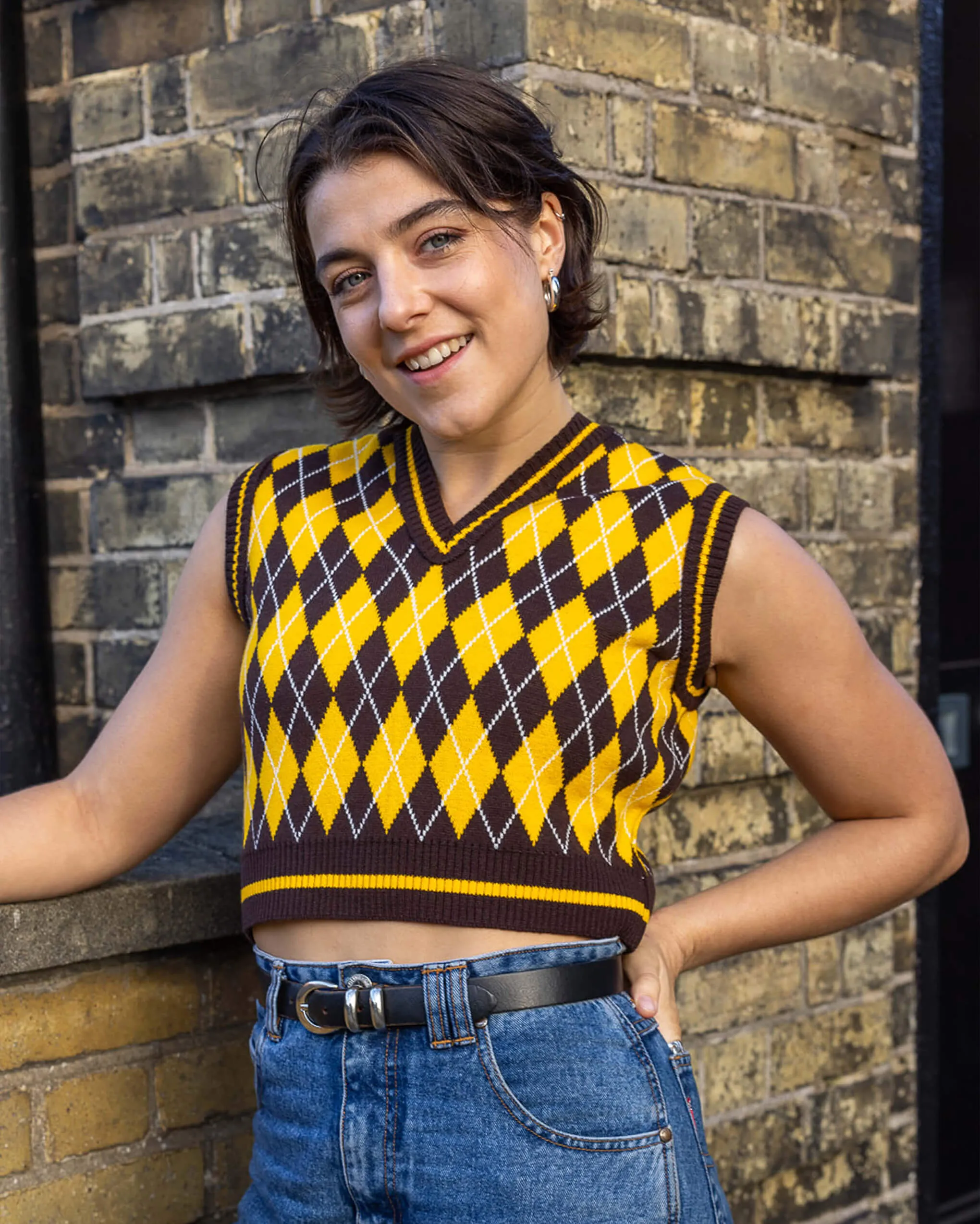 Brown and Yellow Argyle Knitted Tank Top