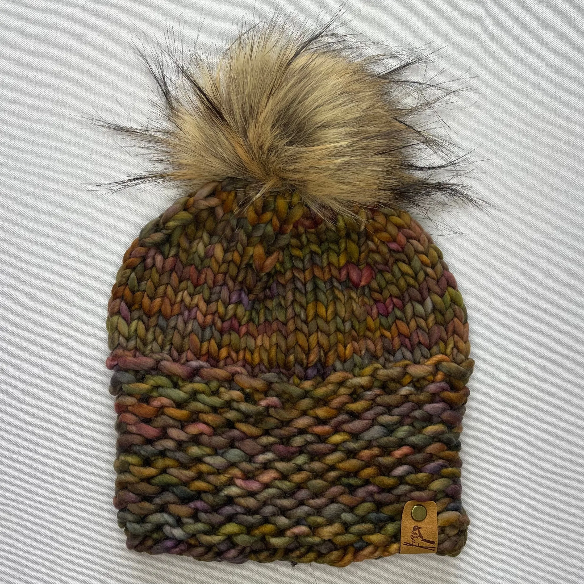 Brown Multi Color Luxury Merino Wool Knit Hat with Faux Fur Pom Pom