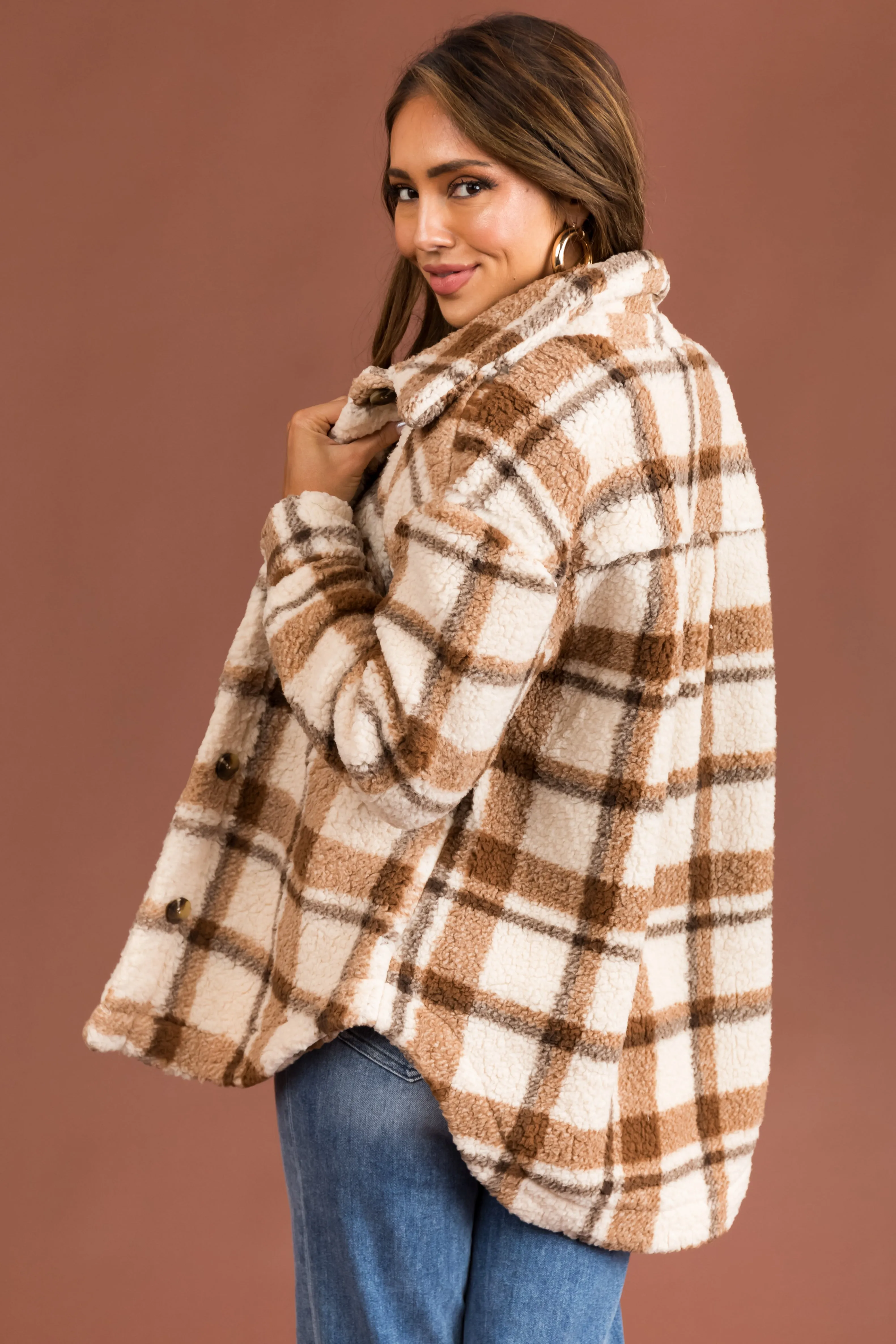 Brown Sugar Plaid Sherpa Button Down Shacket