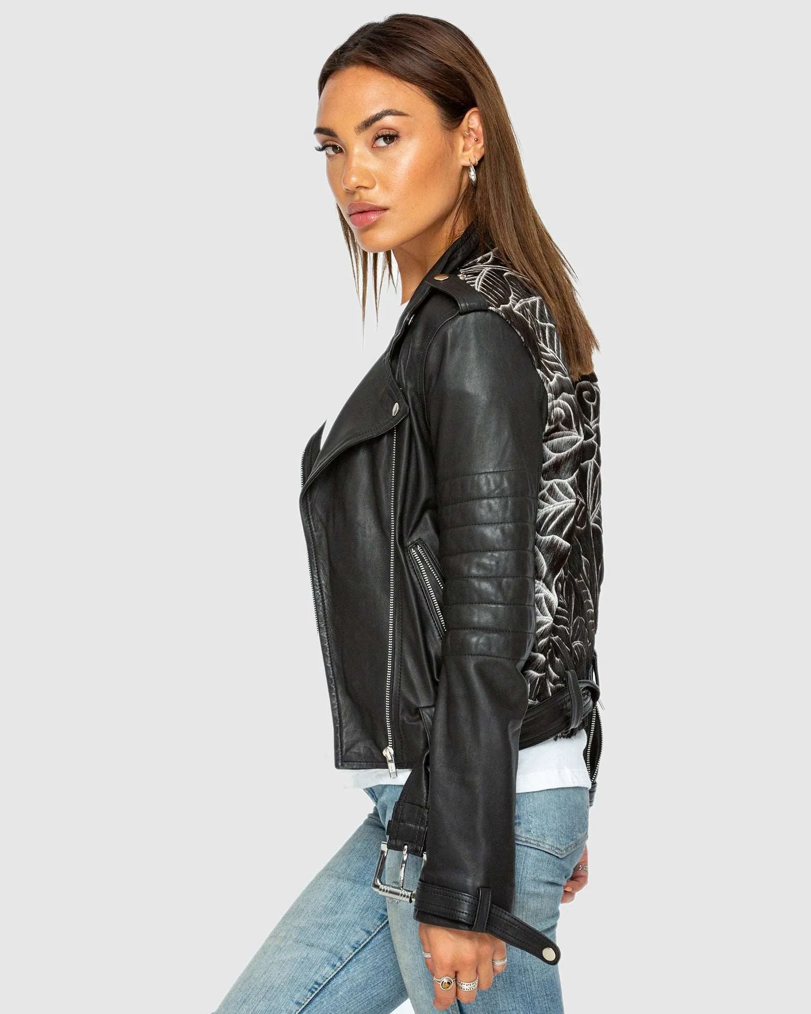 Carved Leather Biker Jacket - Black Rose