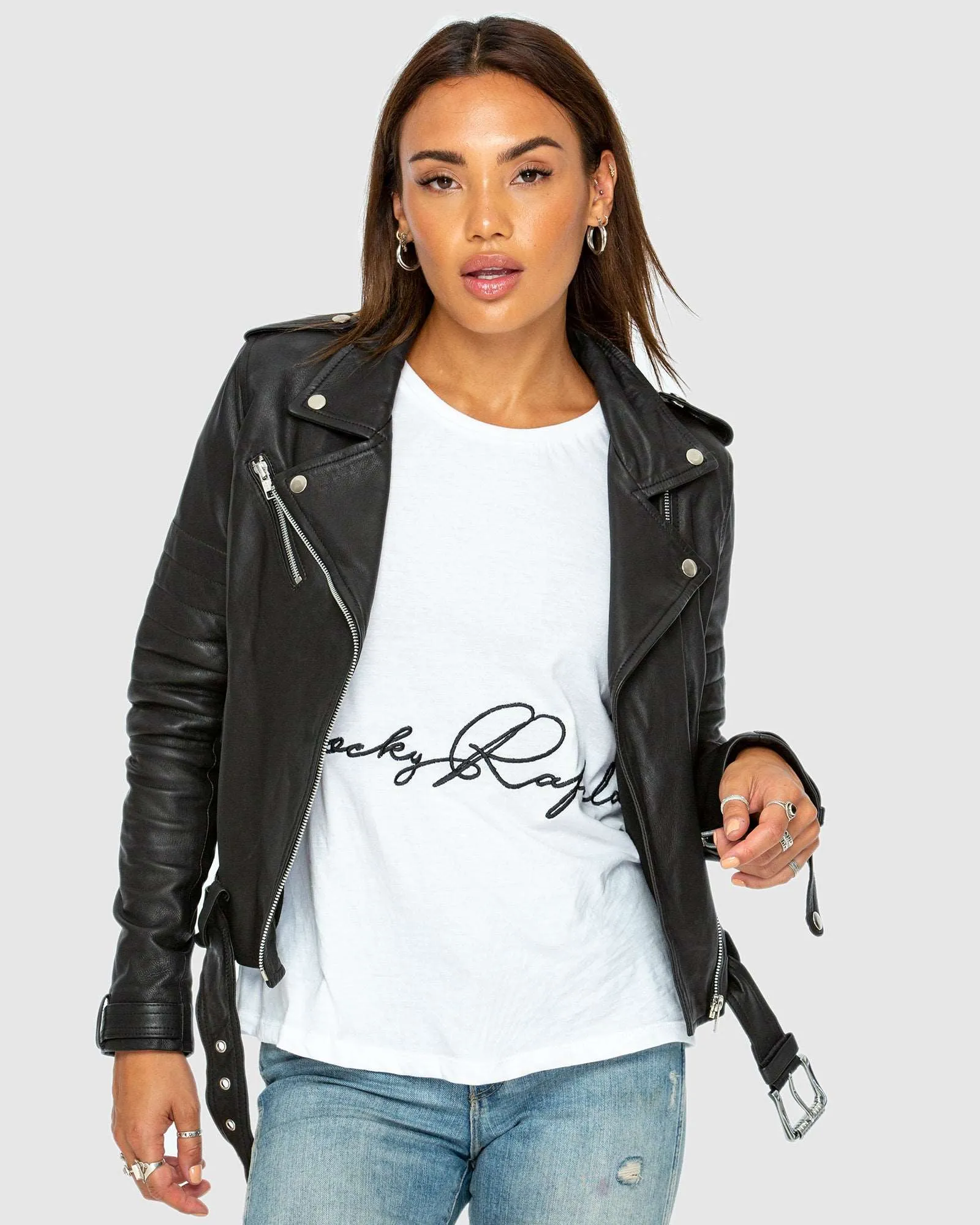 Carved Leather Biker Jacket - Black Rose