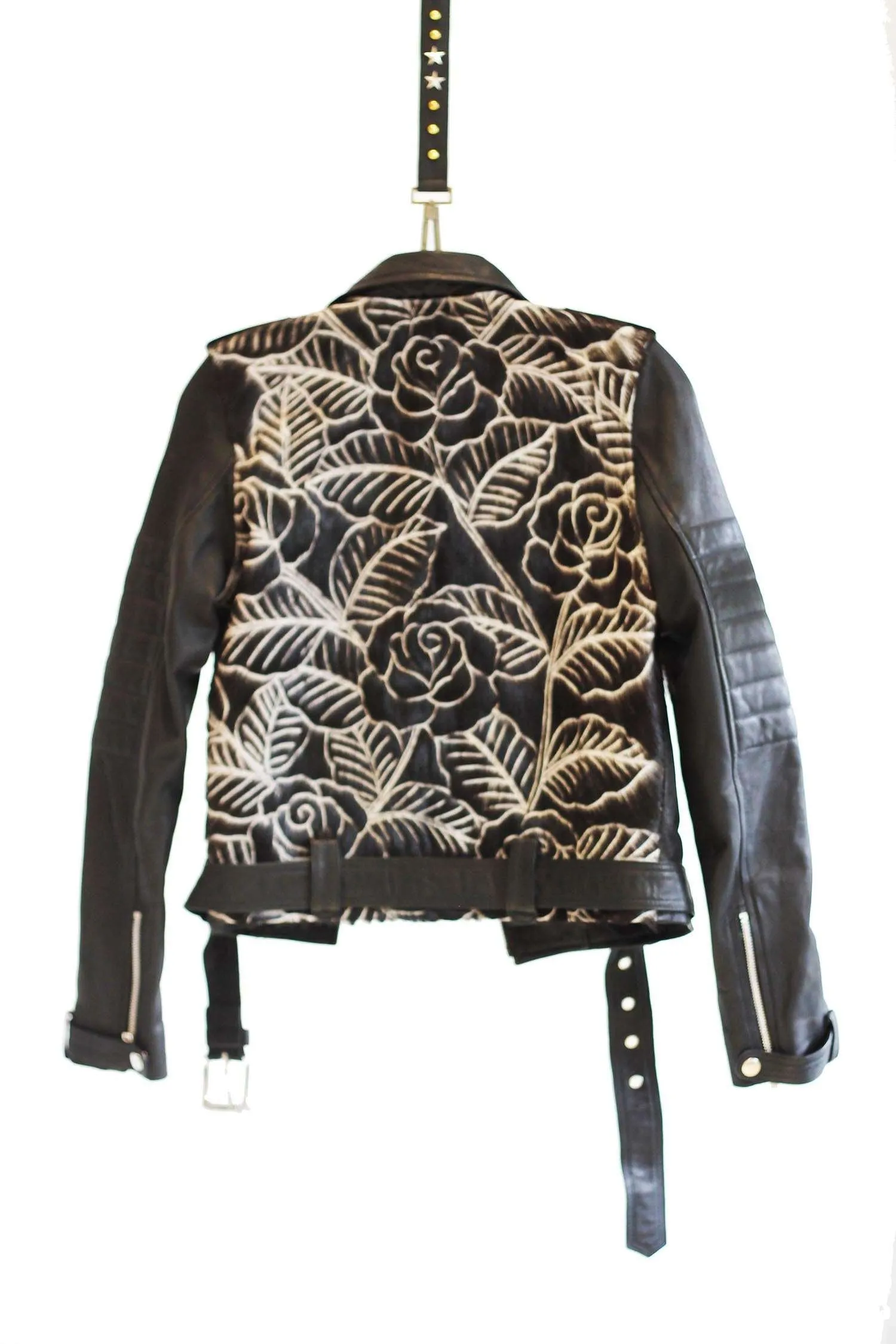 Carved Leather Biker Jacket - Black Rose