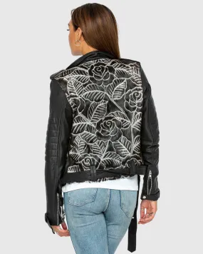 Carved Leather Biker Jacket - Black Rose