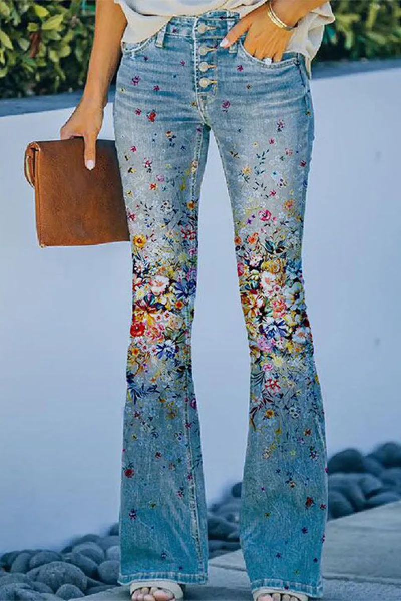 Casual Floral Pocket Regular Denim Jeans(9 Colors)