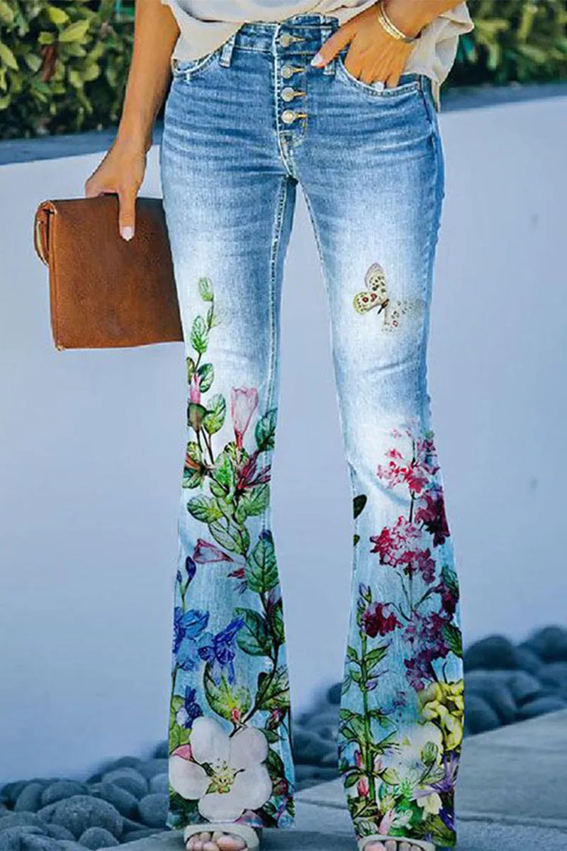 Casual Floral Pocket Regular Denim Jeans(9 Colors)