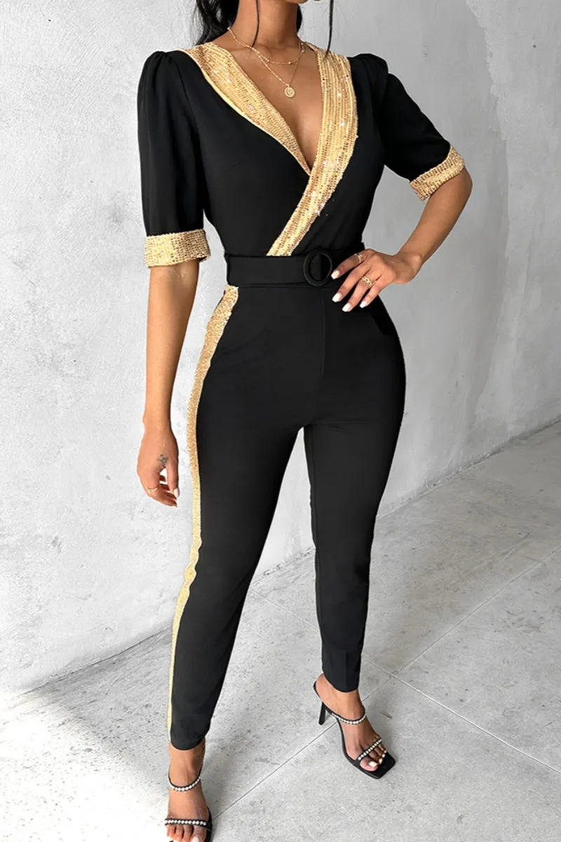 Casual Patchwork Sequins V Neck Skinny Jumpsuits