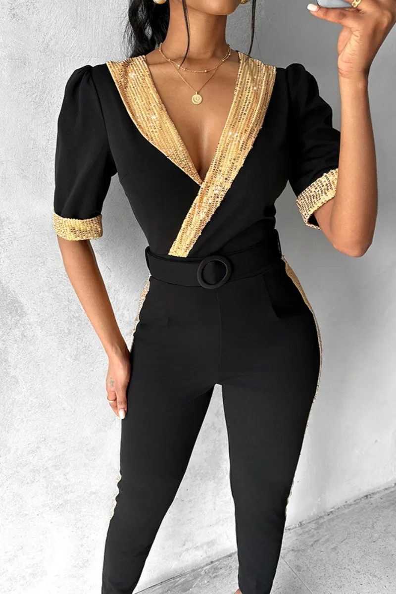 Casual Patchwork Sequins V Neck Skinny Jumpsuits